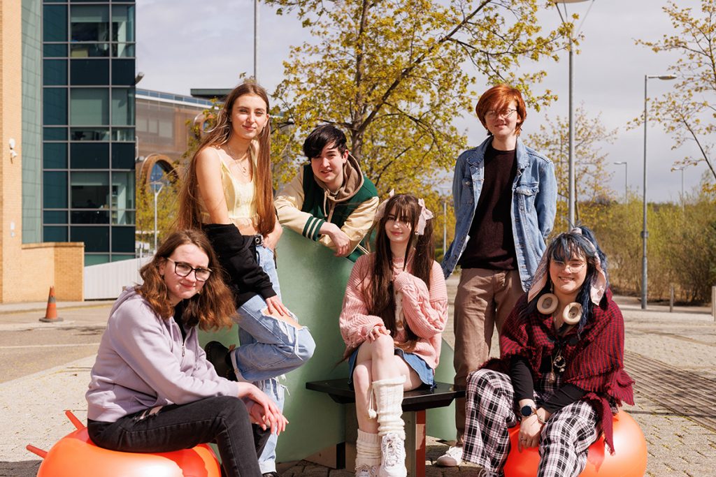 Group of A level students outside in the sun